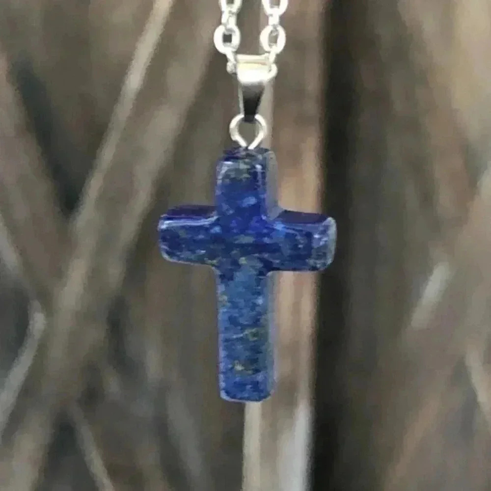 Lapis Lazuli Cross Natural Stainless Steel Necklace NWT
